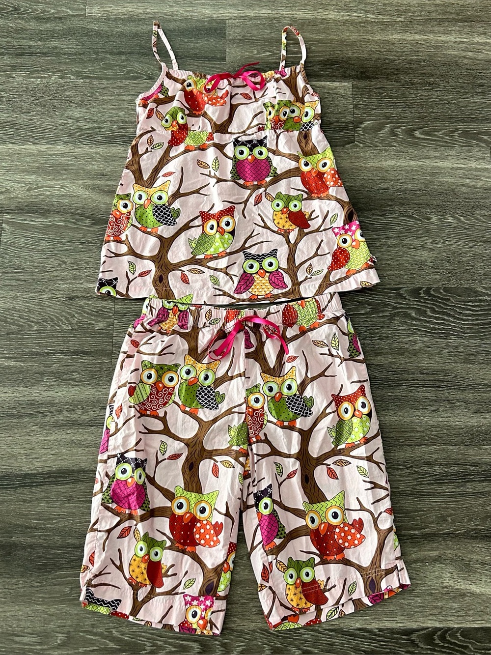 Nick & Nora Pink Owl Pajama Set Womens Size M Cotton Long Shorts Cami Tank Top